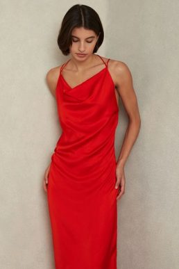 Reiss Lilah Satin Cowl Neck Maxi Dress Red
