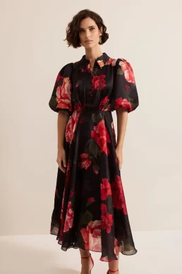 Phase Eight Cilla Floral Shirt Midi Dress Black red multi