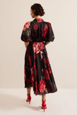 Phase Eight Cilla Floral Shirt Midi Dress Black red multi