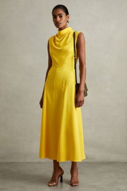 Phase Eight Georgia Cowl Neck Seam Detail Midi Dress Yellow