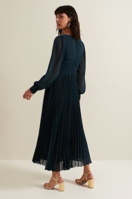 Phase Eight Kindra Teal Chiffon Pleated Midi Dress Teal Navy