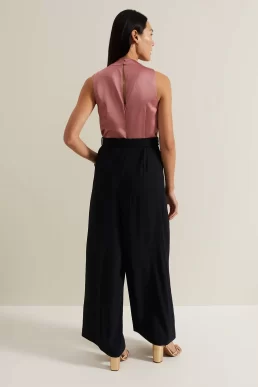Phase Eight Sabina Satin Wide Leg Jumpsuit Black Pink Multi