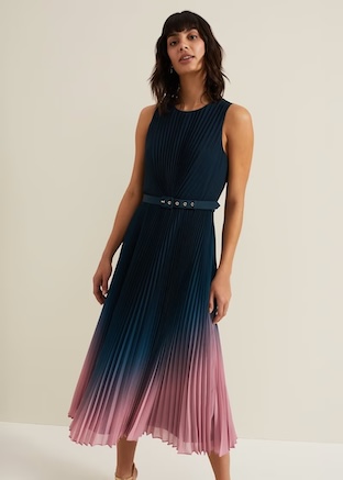 Phase Eight Simara Ombre Chiffon Midi Pleat Dress Navy Blue