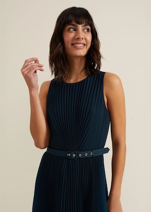 Phase Eight Simara Ombre Chiffon Midi Pleat Dress Navy Blue