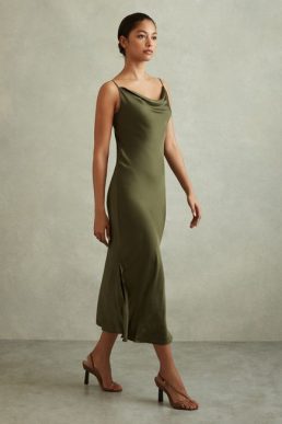 Reiss Isabel Satin Cowl Neck Midi Dress Khaki
