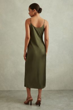 Reiss Isabel Satin Cowl Neck Midi Dress Khaki