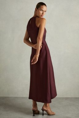 Reiss Micah Satin Drape Tuck Midi Dress Burgundy