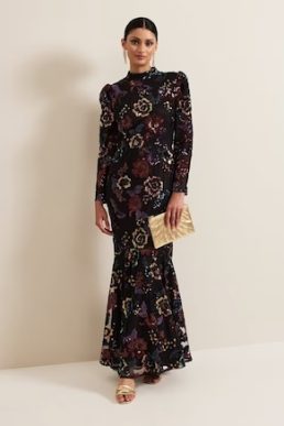 Phase Eight Lelo Sequin Long Sleeved Maxi Dress Black Multi