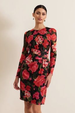 Phase Eight Roshni Mesh Floral Midi Dress Red Black