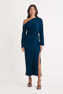 Nobody's Child Blue Asymmetric Gathered Katty Midi Dress