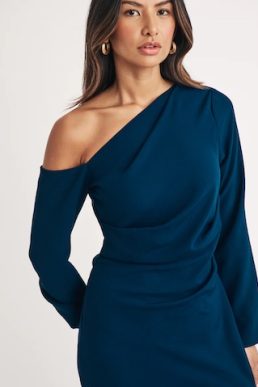 Nobody's Child Blue Asymmetric Gathered Katty Midi Dress