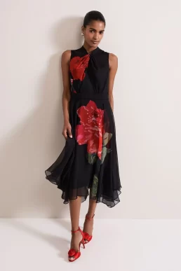 Phase Eight Lucia Chiffon Floral Midi Dress Black Red