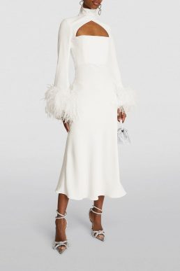Pre-loved White Feather-Trim Odessa Midi Dress Ivory