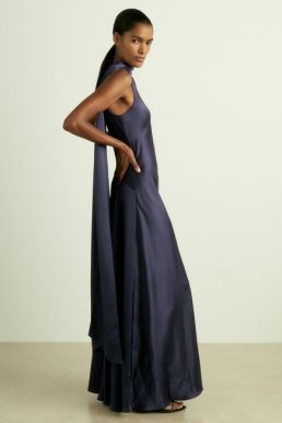 Reiss Fae Satin Cape Maxi Dress Indigo