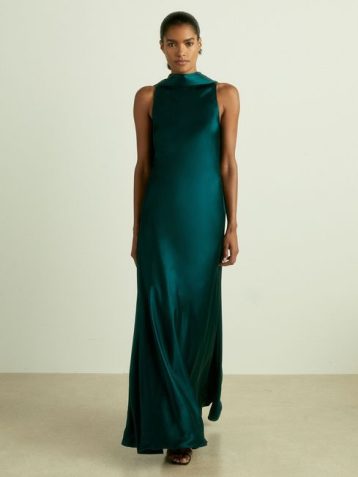Reiss Fae Satin Cape Maxi Dress Teal