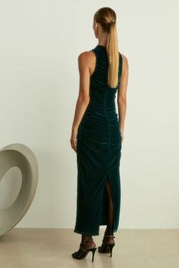 Reiss Niva Racer-Front Ruched-Velvet Dress Teal