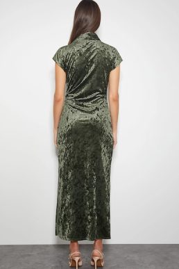 Monsoon Cece crushed velvet cowl midi dress green