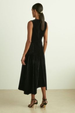 Reiss Blakely Velvet Shirred Panel Midi Dress Black