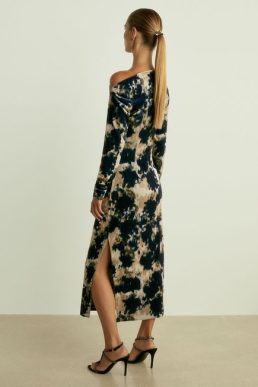 Reiss Briana Ruched Abstract-Print Velvet Dress Navy