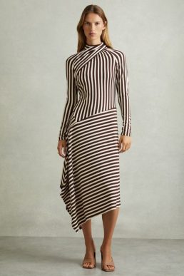 Reiss Cat Striped Jersey Asymmetric Midi Dress Brown Cream
