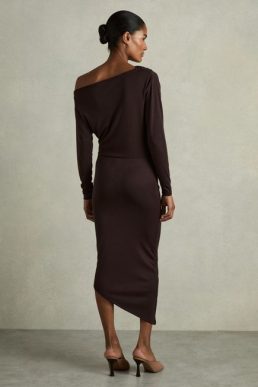 Reiss Fleur Off-The-Shoulder Ruched Jersey Midi Dress Brown