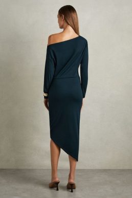 Reiss Fleur Off-The-Shoulder Ruched Jersey Midi Dress Teal
