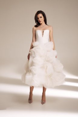 Ana Radu floral-appliqué short strapless bridal dress white