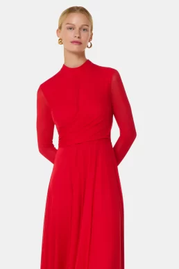 Whistles Red Arabella Ruched Mesh Dress