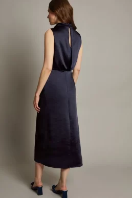 Monsoon Livia satin cowl halter midi dress navy blue
