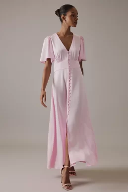 Nobody's Child Soft Pink V Neck Midi Erin Bridesmaids Dress