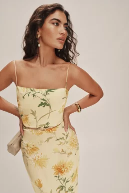 Reformation Frankie Silk Floral Dress Honeyglow Yellow Multi