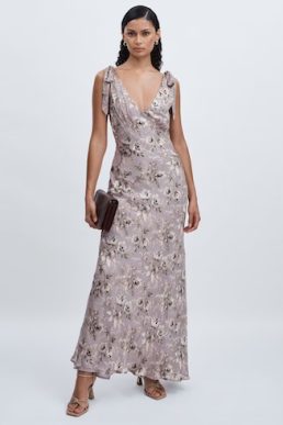Reiss Vialla Dress Paige Satin Floral Silk Maxi Dress Pewter Multi