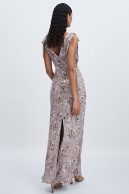 Reiss Vialla Dress Paige Satin Floral Silk Maxi Dress Pewter Multi
