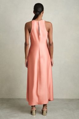 Reiss Anessa Satin Shirred Midi Dress Coral