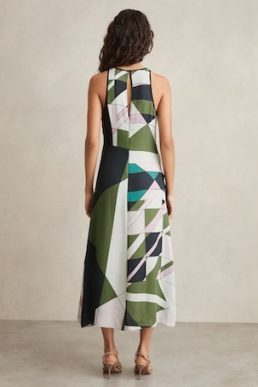 Reiss Avia Geometric-Print Gathered Midi Dress Green multi