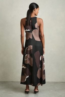 Reiss Michalie Satin Floral Tuck Midi Dress Brown Multi