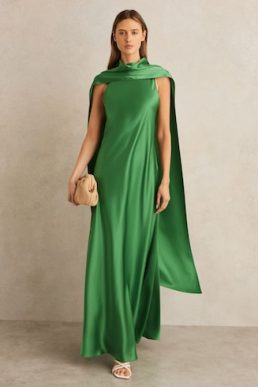 Reiss Fae Satin Cape Maxi Dress Green