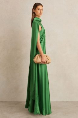 Reiss Fae Satin Cape Maxi Dress Green