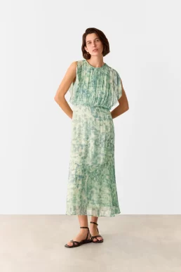 Whistles Green Dashed Brush Marks Midi Dress