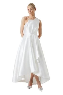 Coast Waterfall Skirt Twill One Shoulder Wedding Dress, 10, Ivory