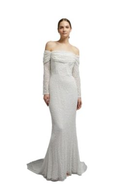 Coast Sequin Draped Bardot Long Sleeve Bridal Maxi Dress, 8, Ivory
