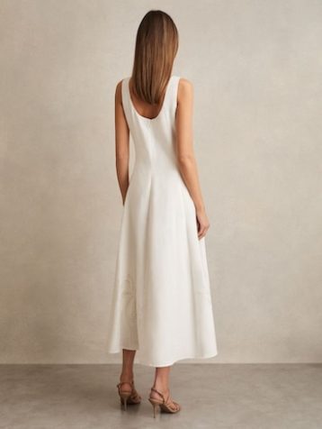 Reiss Elise Linen Floral-Embroidered Midi Dress Ivory