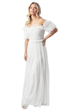 Coast Petite Bardot Mesh and Sequin Ruffle Wedding Dress, 4, Ivory