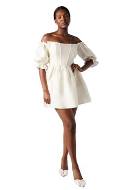 Oasis Off The Shoulder Puff Sleeve Jacquard Bridal Mini Dress, 8, Ivory