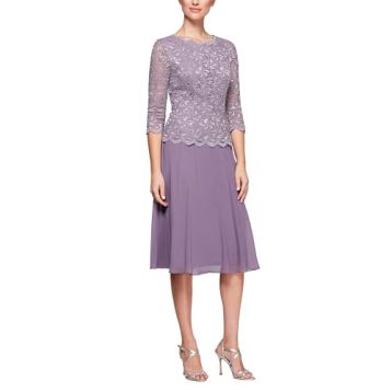 Alex Evenings Women's Tea Length Sequin Mock Dress (Petite and Regular) Special Occasion, ICY Orchid