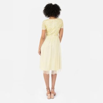 Maya Deluxe Women's Embellished Midi Evening Dress Ladies V Neckline with Short Sleeve for Prom Wedding Bridesmaid, Lemon, 4 - Image 3