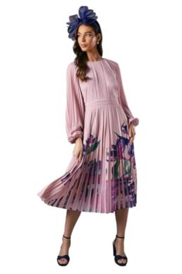 Coast Placement Print Pleat Dress, 14, Pink