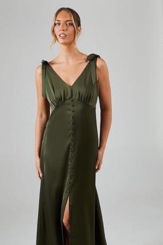 Oasis Satin Button Front Tie Shoulder Midi Bridesmaids Dress, 10, Olive - Image 5