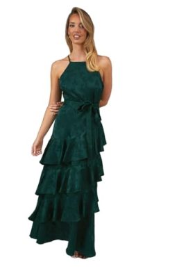 Oasis Satin Jacquard Ruffle Halter Neck Bridesmaids Dress, 8, Emerald