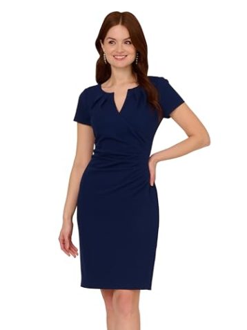 Adrianna Papell Women's Knit Crepe Draped Midi Dress, Navy Sateen
